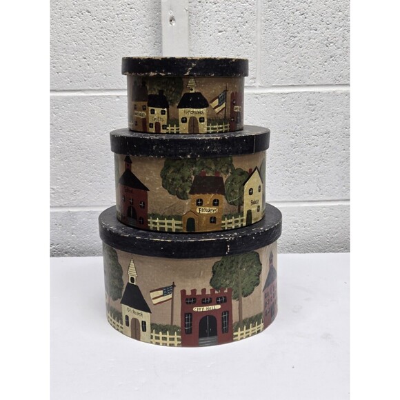 Stacked Shaker Boxes 3 Hand Painted Cottagecore Farm Homestead - Picture 1 of 16